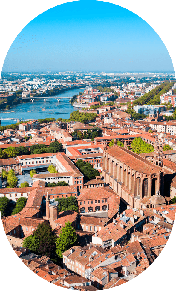 Church of the Jacobins aerial panoramic view, a Roman Catholic church located in Toulouse city, France